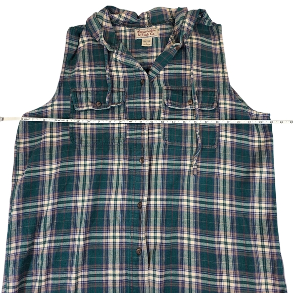 VINTAGE ABERCROMBIE & FITCH Sleeveless Plaid Hooded Flannel Shirt | L | Grunge - Picture 5 of 14
